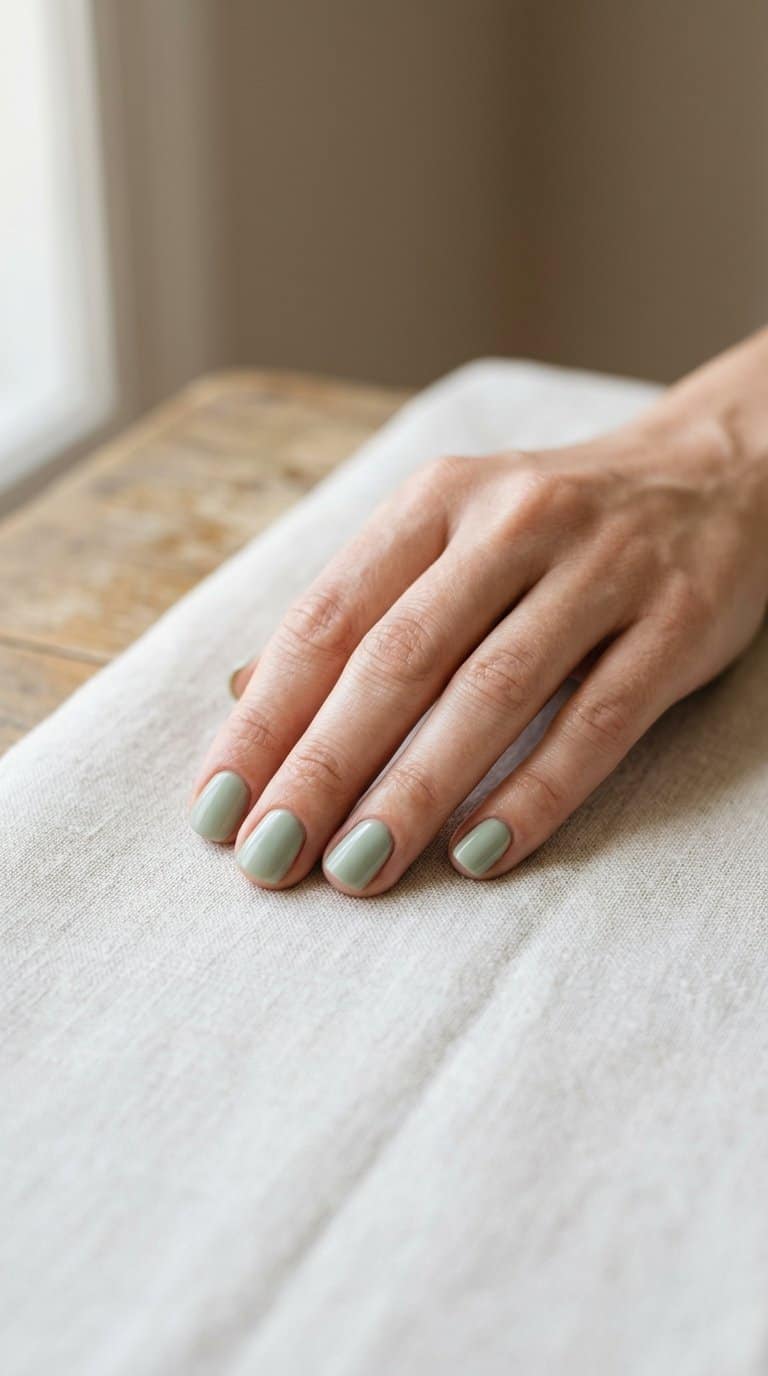 A hand with short sage green painted nails resting on a light surface.