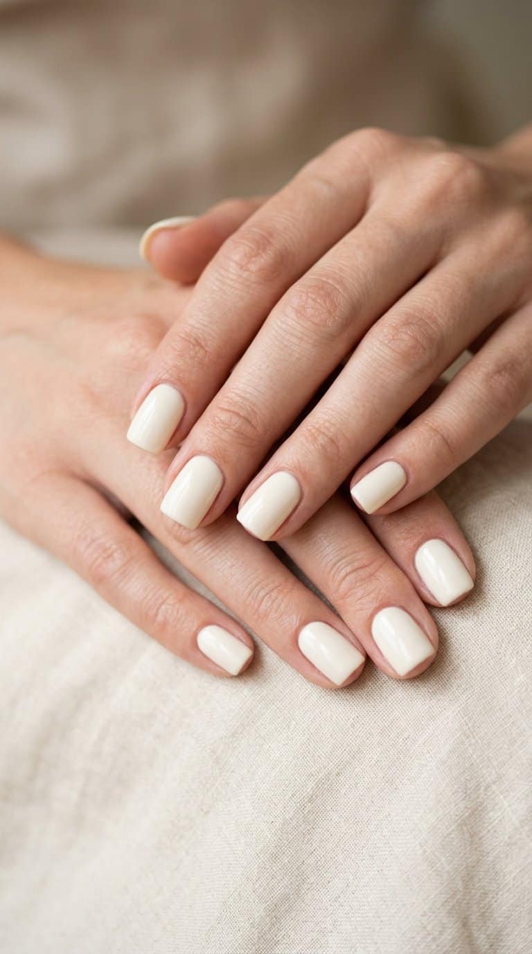 A close-up of short square nails painted solid ivory.