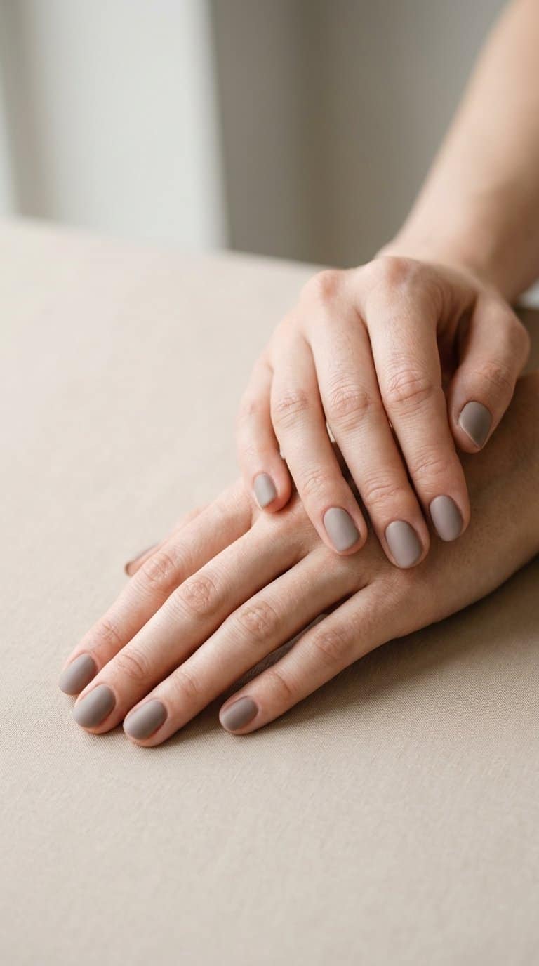 Hands with short rounded taupe nails resting on a neutral surface.