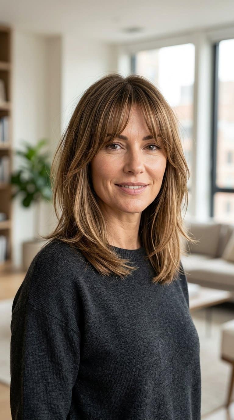Woman with a shoulder-length haircut and long wispy bangs, shown from the shoulders up indoors.