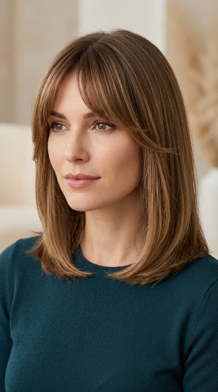 A woman with shoulder-length hair and softly parted bangs poses against a plain background.