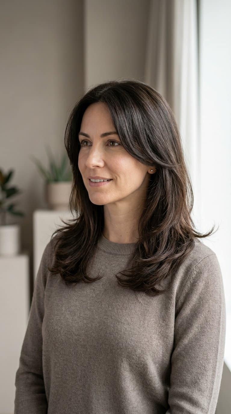 Woman with shoulder-length layered hair posing against a neutral background.