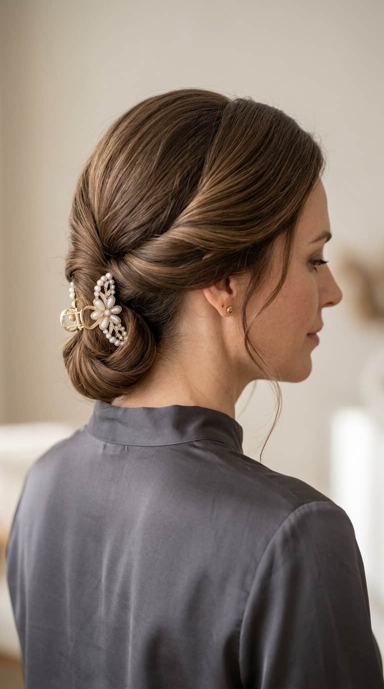Woman wearing a side-swept twisted hairstyle secured with a decorative claw clip.