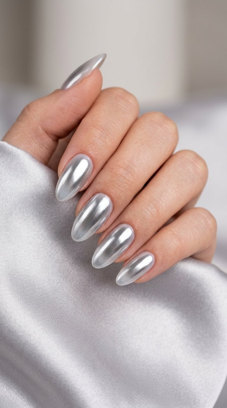 A hand with silver chrome aura nail designs resting on a pale satin surface.