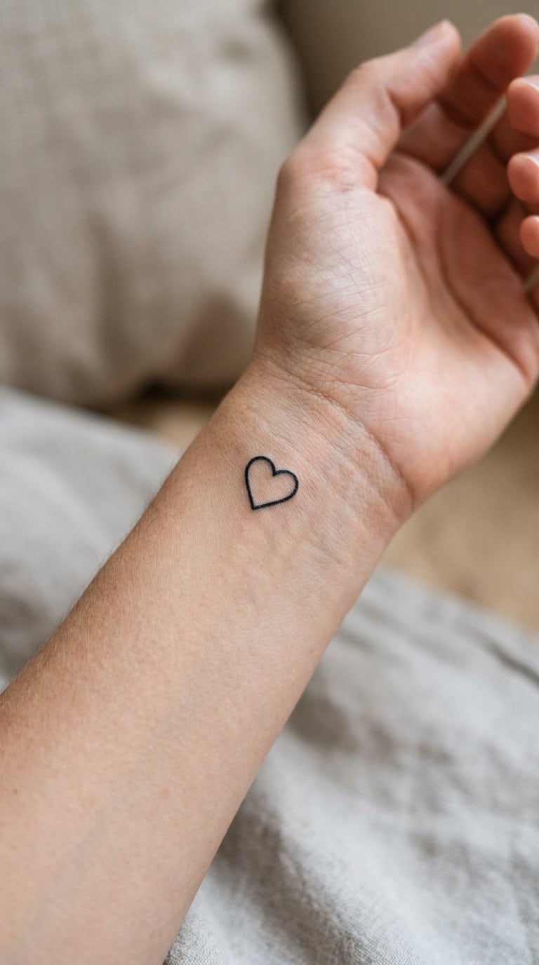 A wrist with a small black heart outline tattoo.