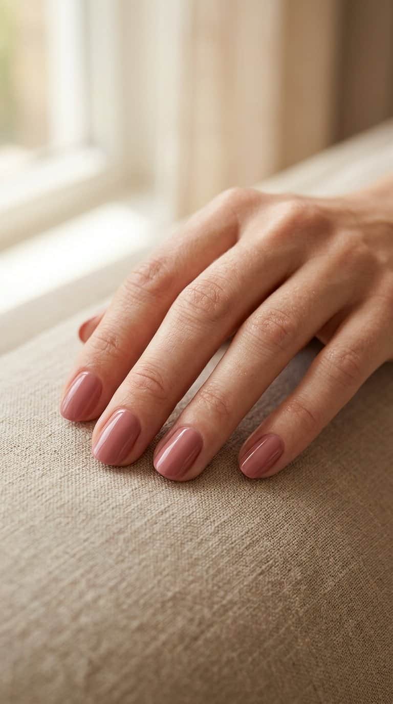 A hand with neatly shaped nails painted a single dusty rose color rests on a neutral surface.