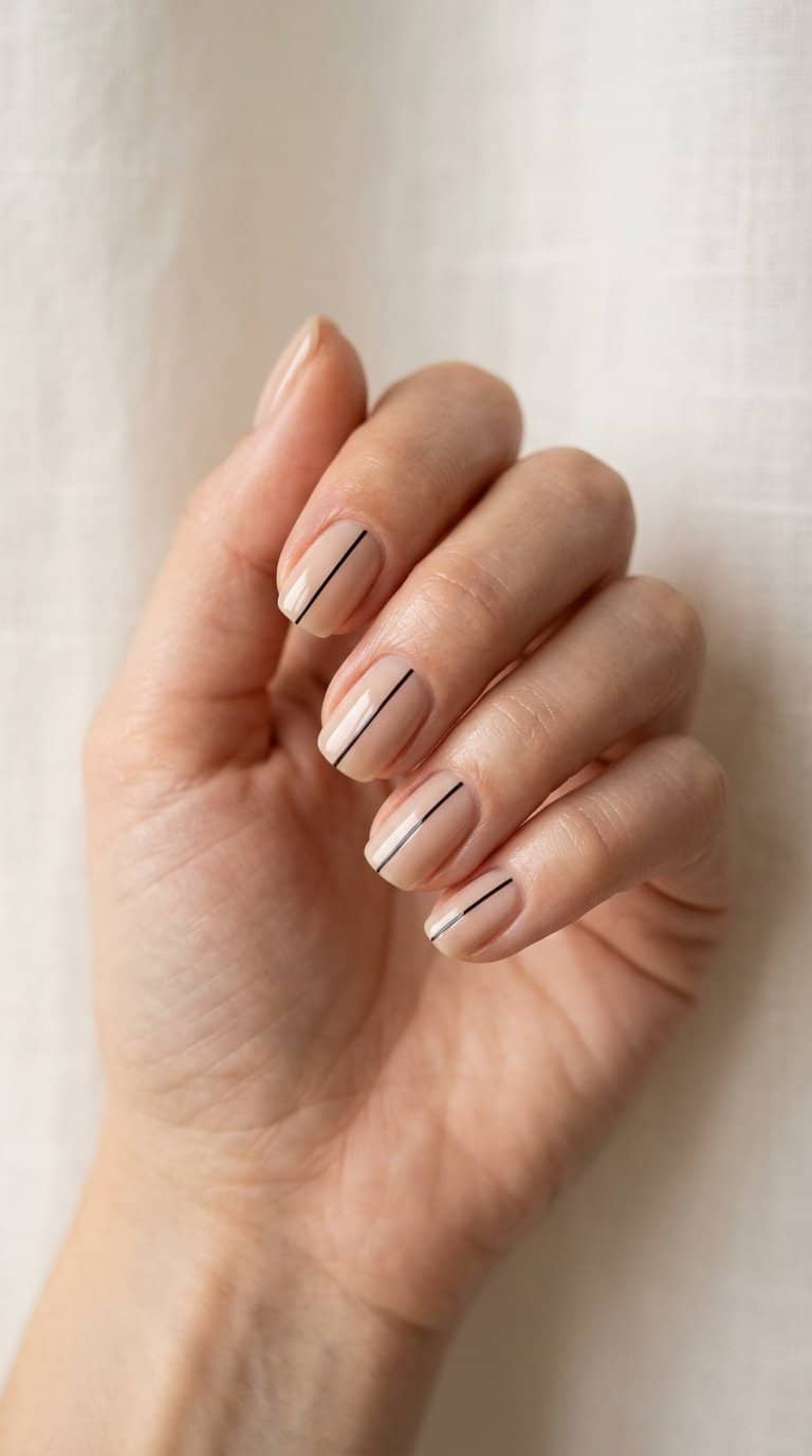 A close-up of a hand with nude nails featuring one thin black line on each nail.