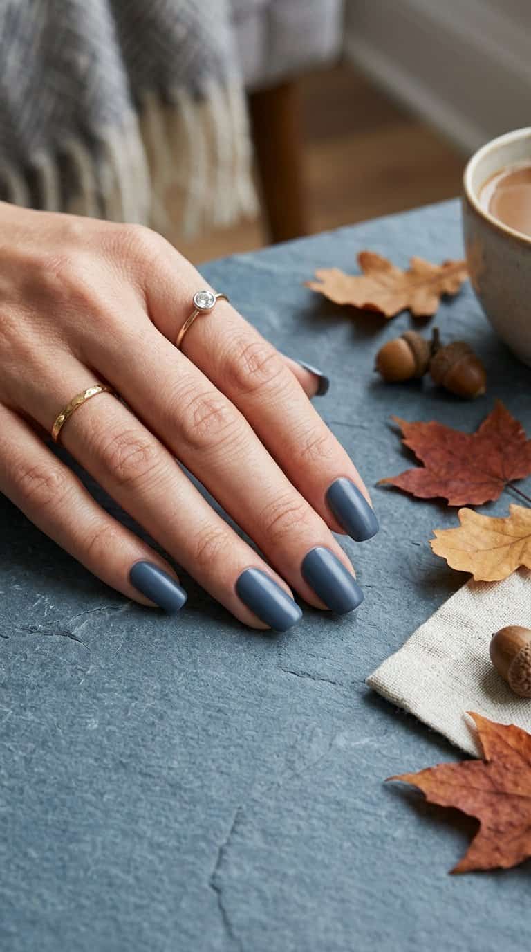 A manicured hand with slate blue painted nails resting on a blue surface beside blurred autumn leaves.