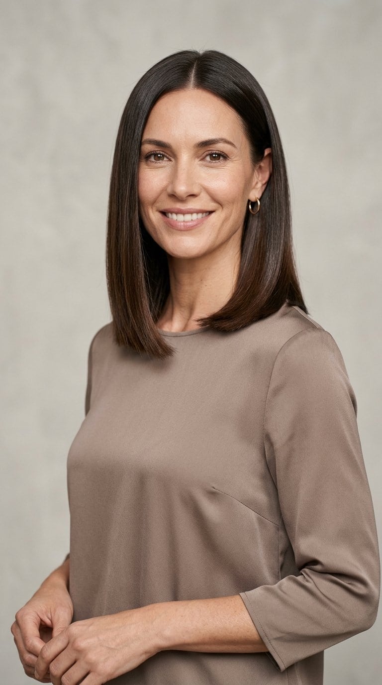 Woman with straight shoulder-length hair standing against a plain light background.