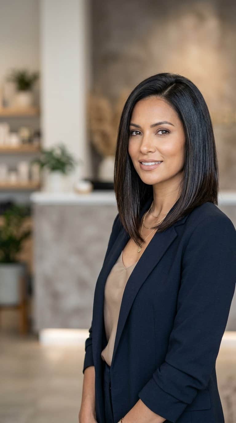 A woman with a sleek medium-length haircut stands against a softly blurred background.