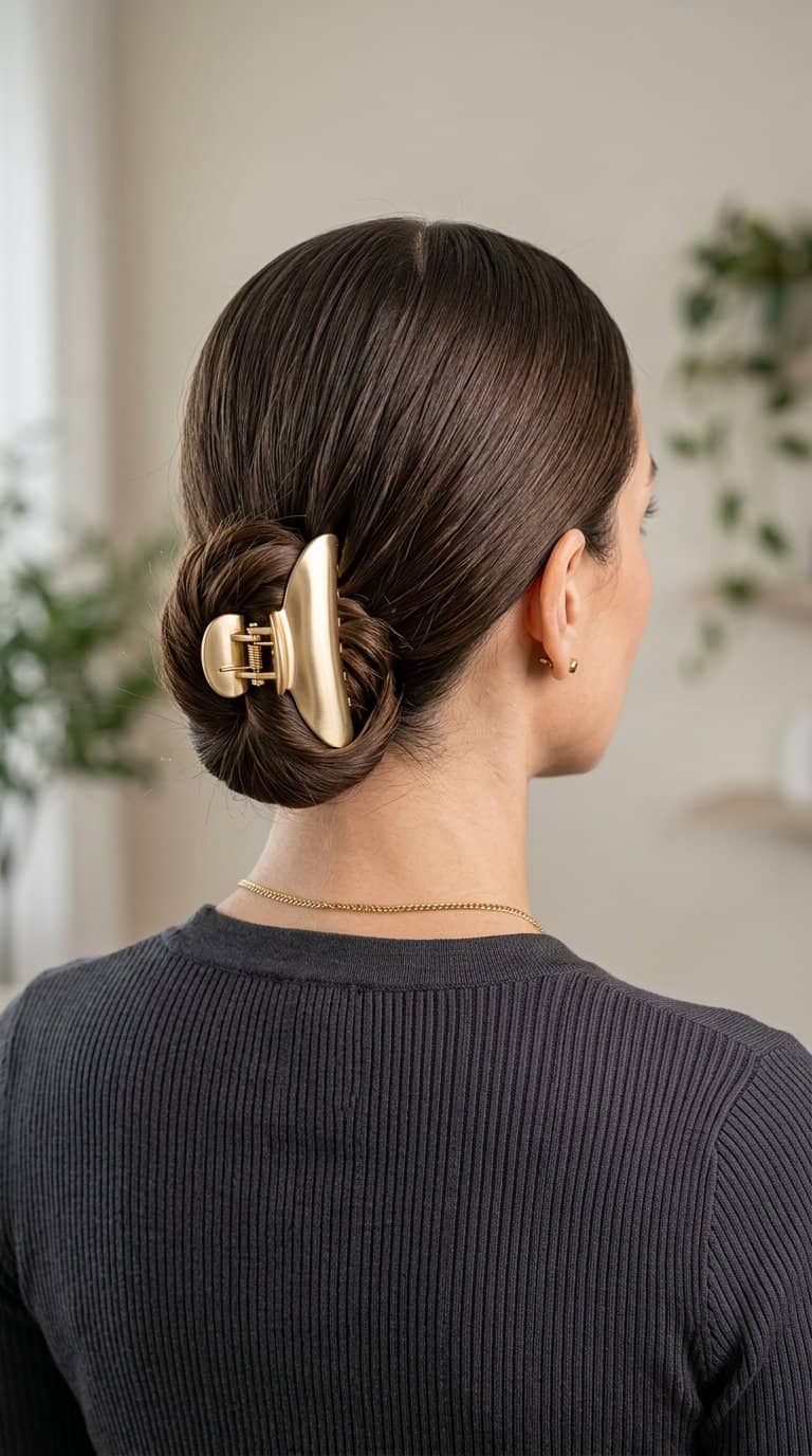 Woman shown from behind with a sleek low bun secured by a gold claw clip.