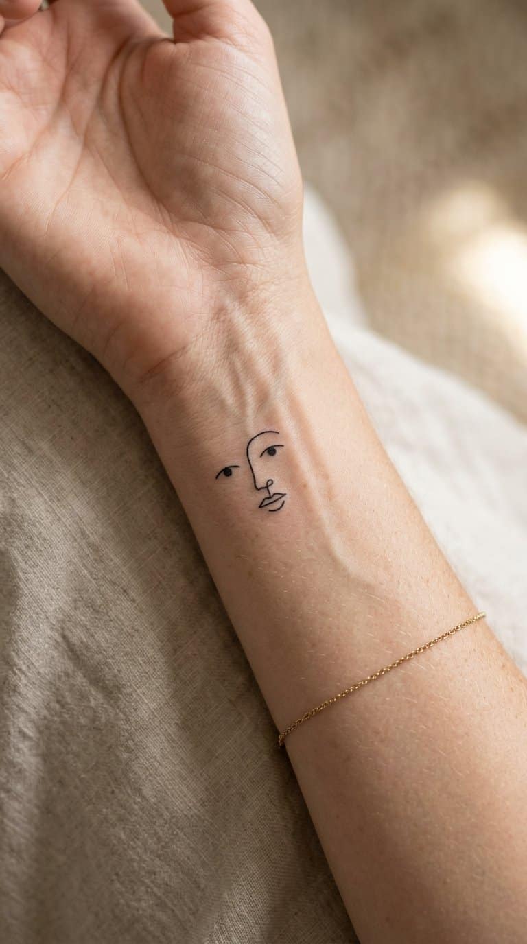 A small abstract face tattoo on the inner wrist.