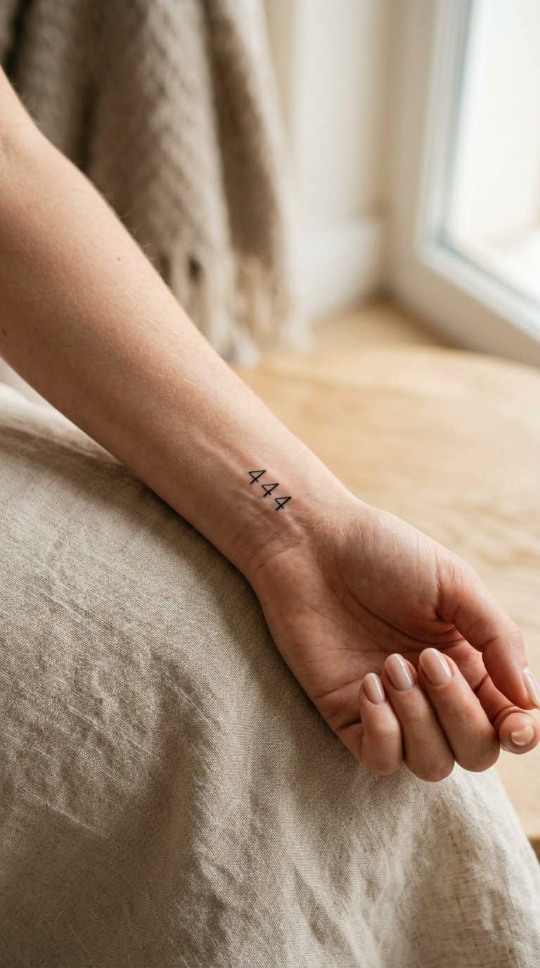 A woman’s wrist with a small angel number tattoo resting on a neutral surface.