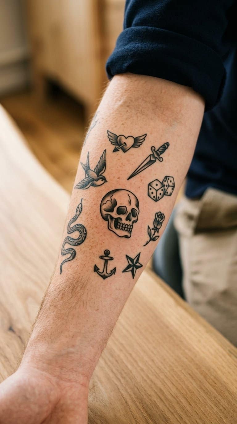 A small skull tattoo surrounded by other small tattoos on a person's forearm.