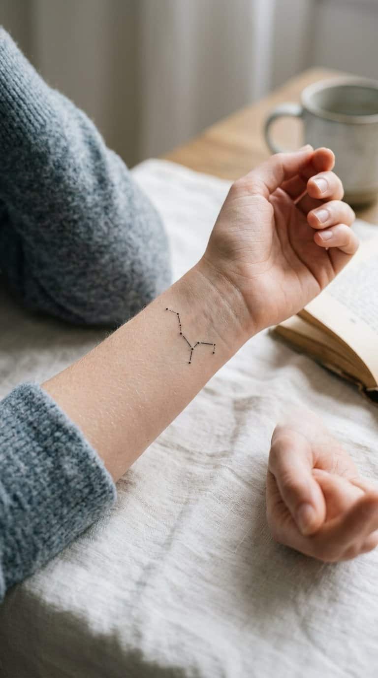 A woman’s forearm with a small constellation tattoo in a minimalist dot-and-line design.