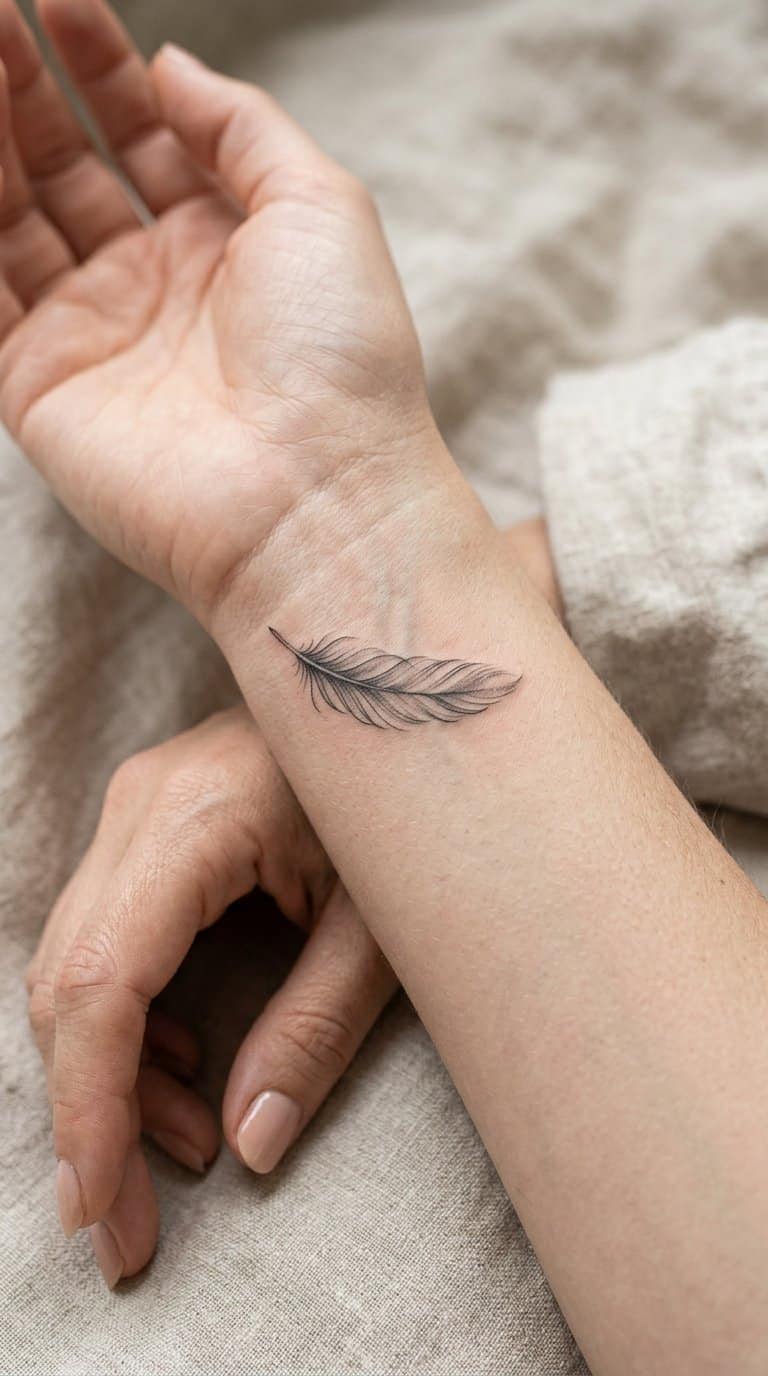 A woman’s wrist displaying a small feather tattoo.