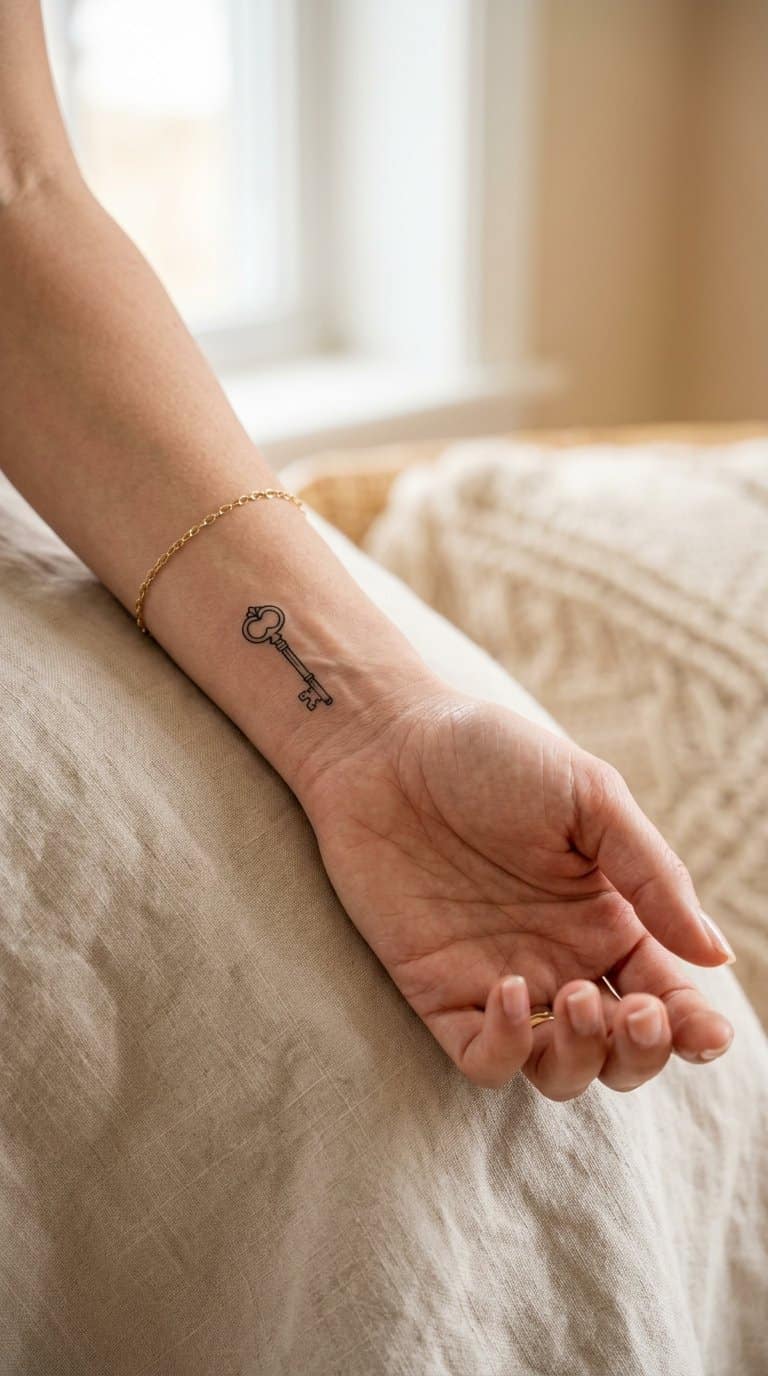A woman’s wrist with a small delicate key tattoo resting on a light surface.