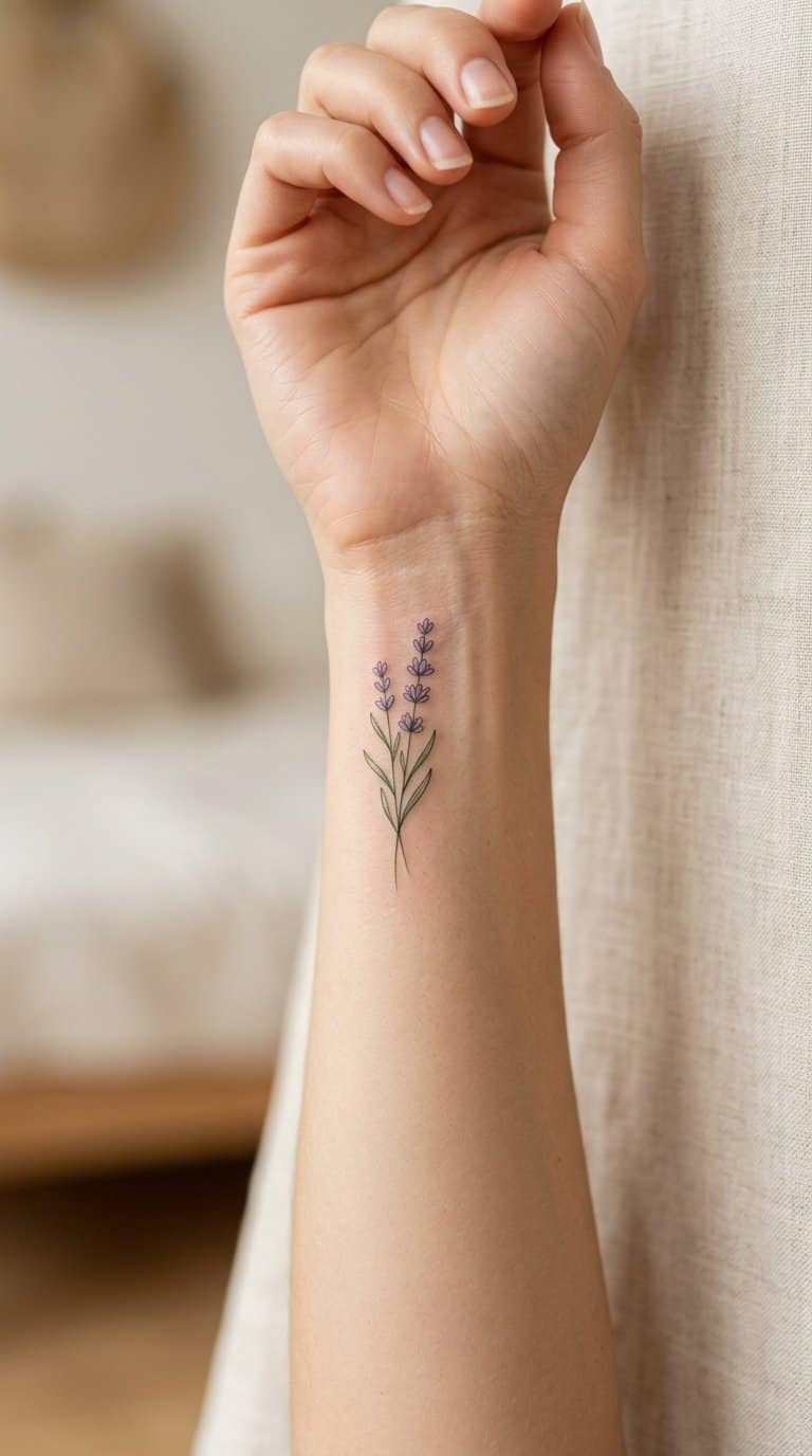 A person’s wrist with a small lavender stem tattoo.