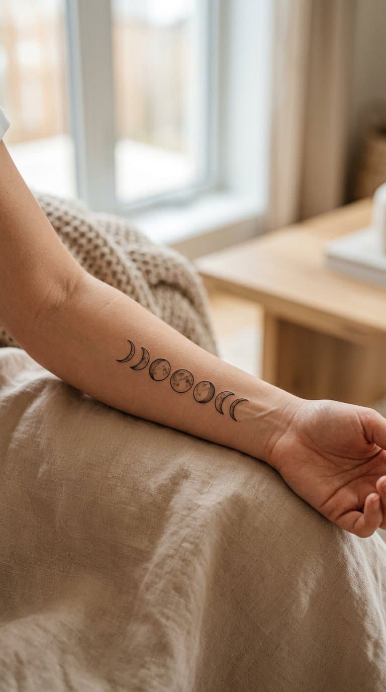A forearm with a small minimalist tattoo showing the phases of the moon.