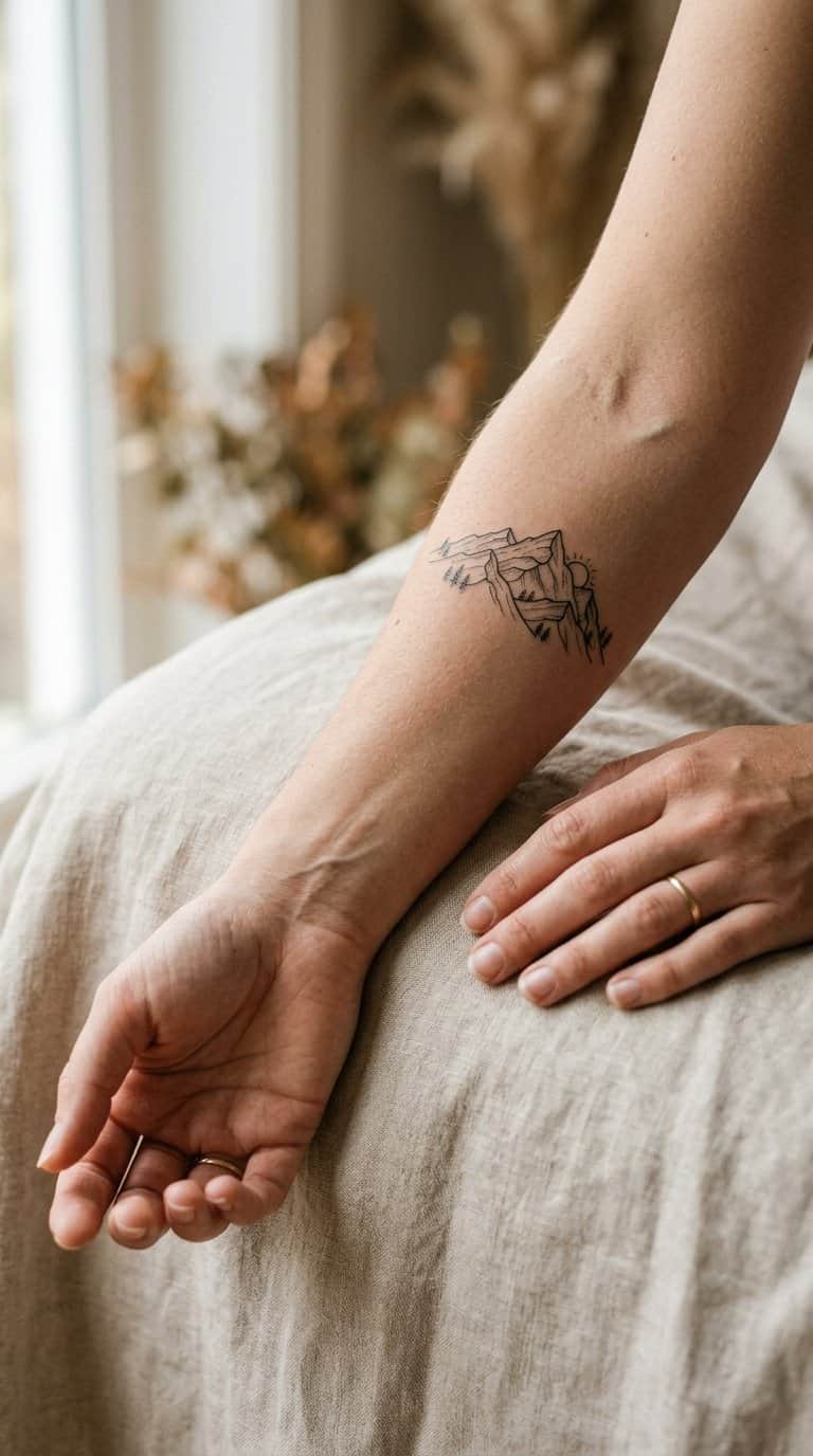 A woman’s forearm displaying a small mountain range tattoo.