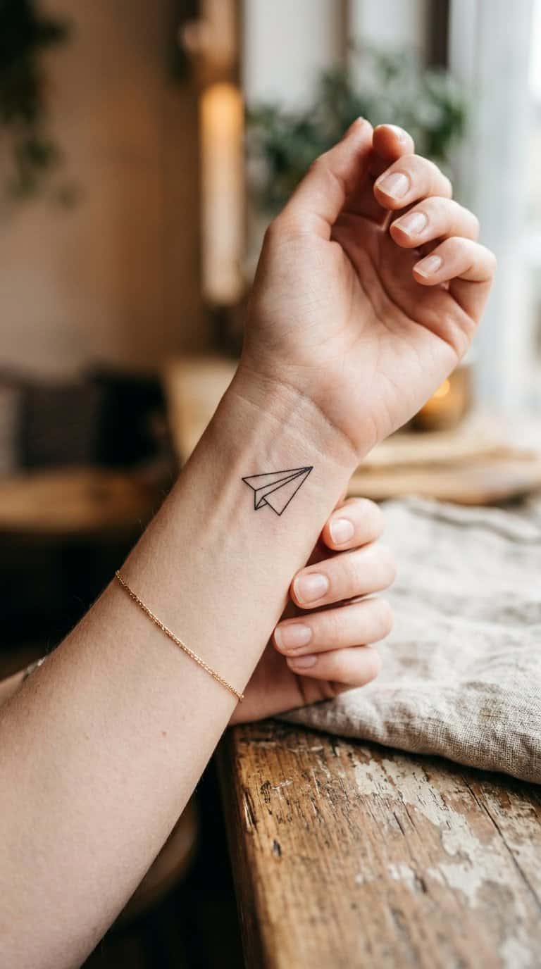 A small paper airplane tattoo on a woman's inner wrist.