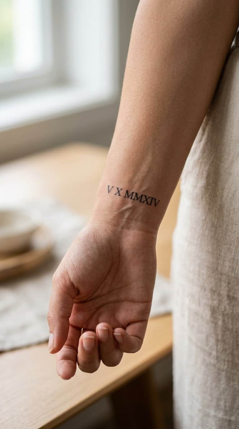 A close-up of a wrist with a small Roman numeral date tattoo.
