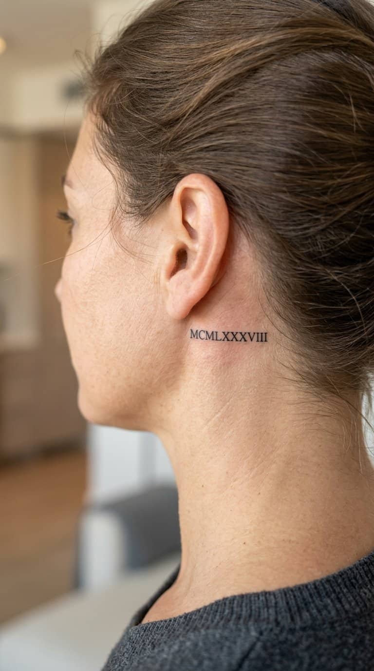 Close-up of a small Roman numeral tattoo behind a person’s ear.