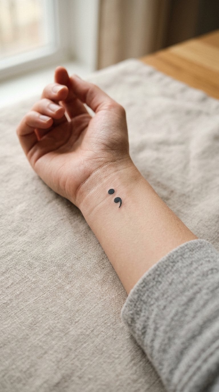 A close-up of a small black semicolon tattoo on a woman’s inner wrist.