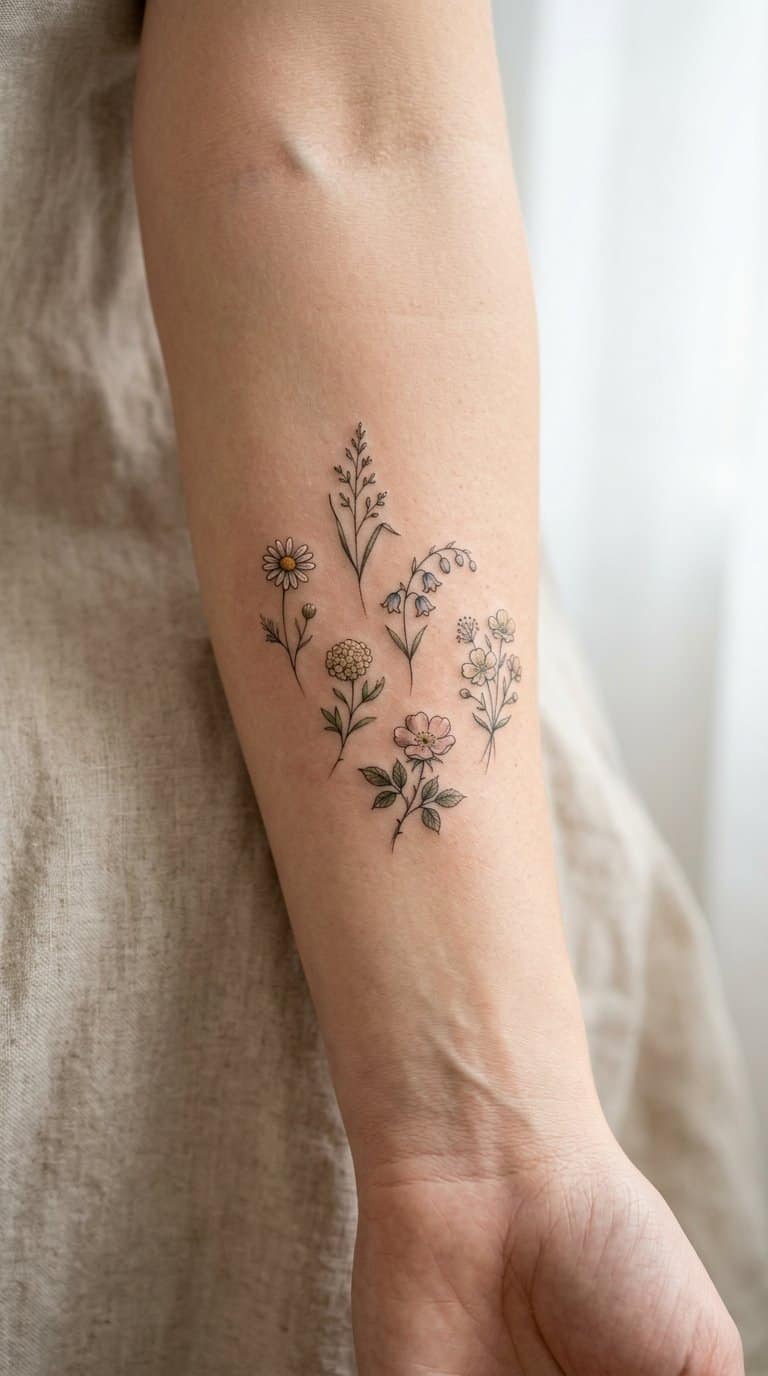 A small cluster of delicate wildflowers arranged as a tattoo on skin.