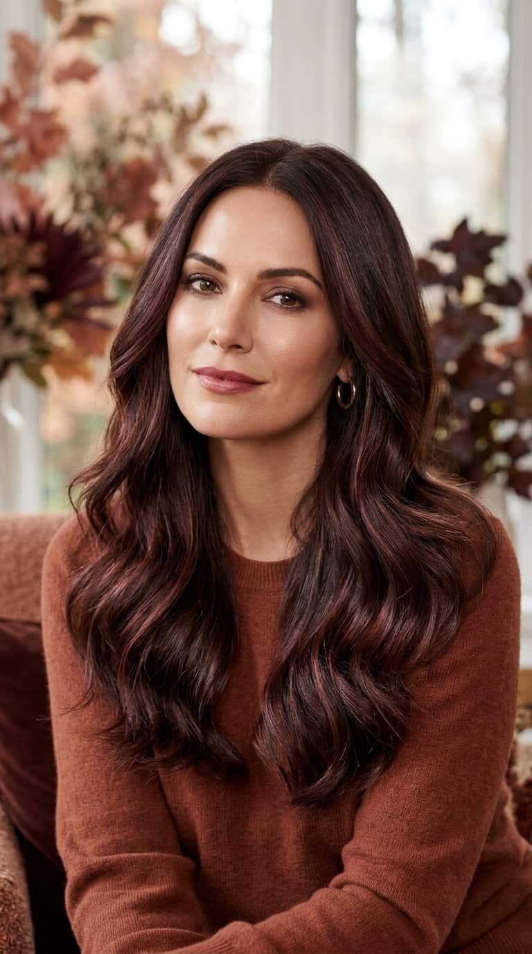 A woman with glossy smoky cherry-brown hair styled in soft waves poses against a warm autumn background.