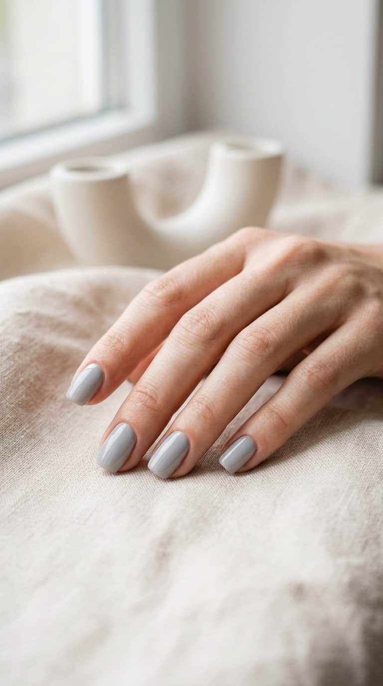 A hand with short glossy soft-gray nails resting on a light neutral surface.