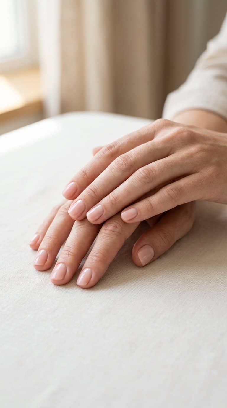 Hands with short, neatly manicured nails painted a soft blush pink.