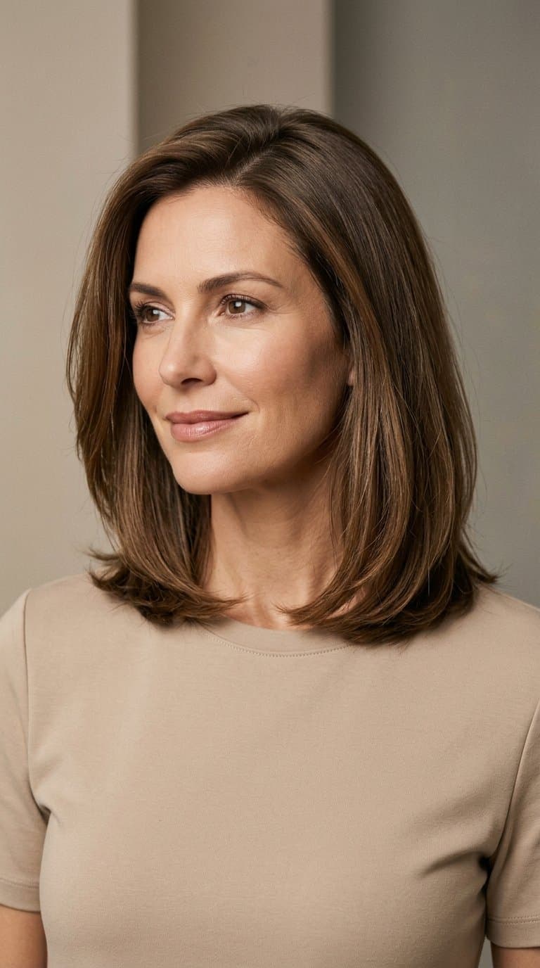 Woman with a softly angled medium-length haircut resting at her collarbone.