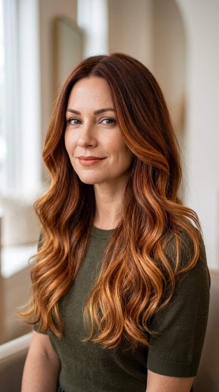 Woman with long wavy hair transitioning from deep auburn roots to warm pumpkin-orange ends.