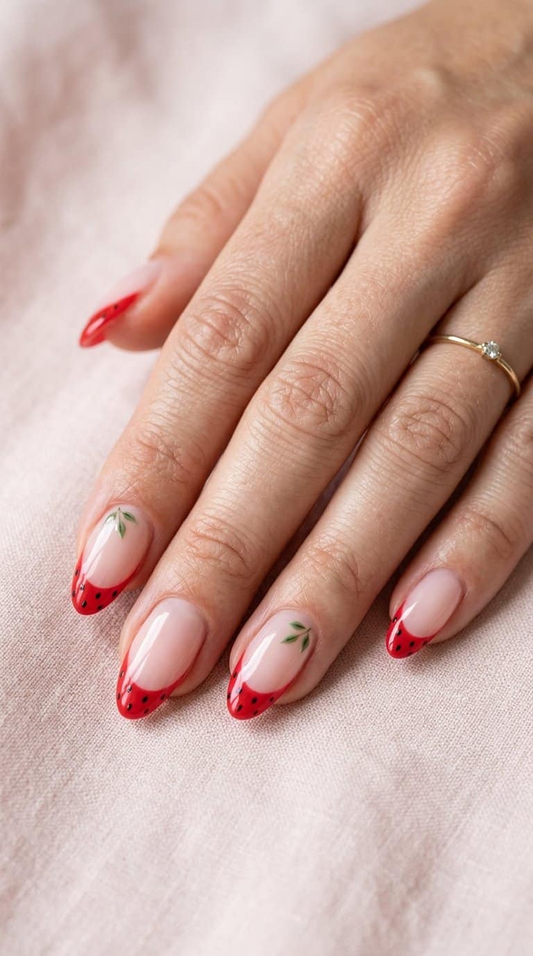 A close-up of a manicure with strawberry-red French tips and tiny black seeds on a natural pink base.