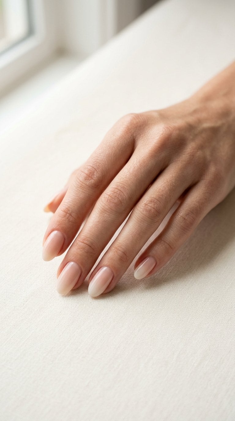 A hand with short nude ombré manicured nails resting on a light neutral surface.
