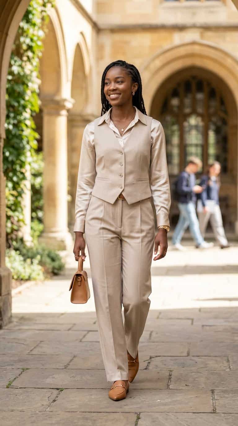 A graduate wearing a tailored vest, trousers, and satin blouse in a university courtyard.