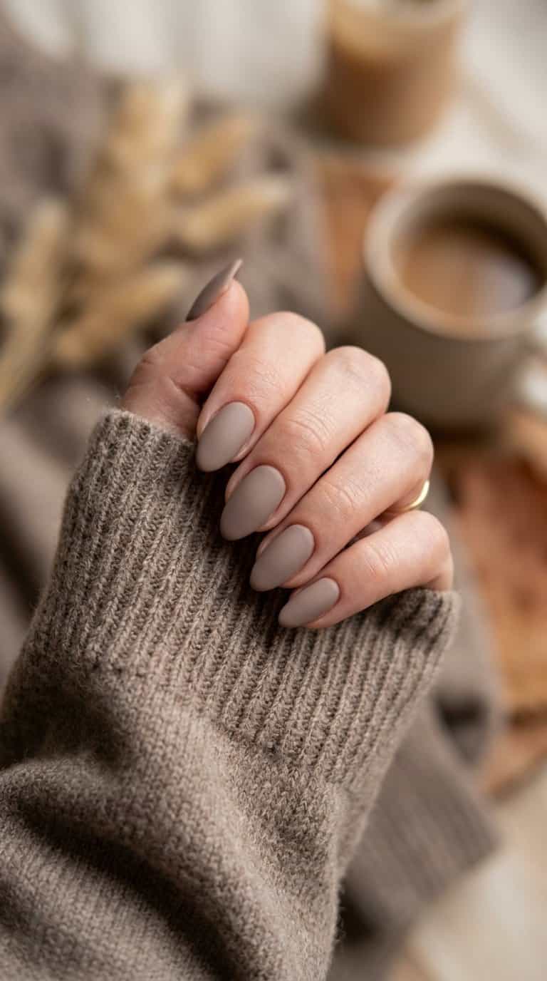 A hand with taupe matte nails resting on a cozy knitted sweater.