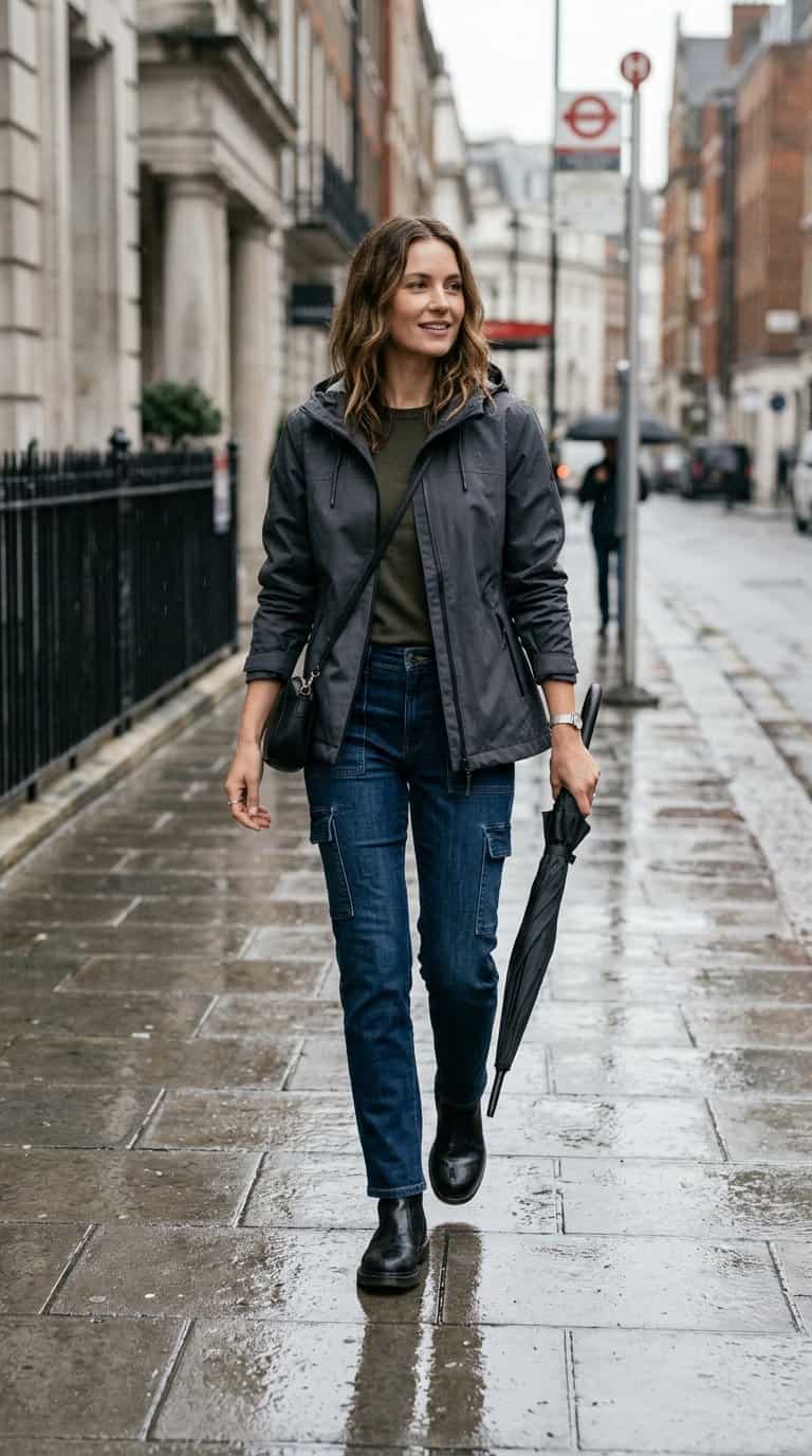 A person wearing a waterproof jacket, straight-leg cargo jeans, and ankle boots walks along a rainy city sidewalk.