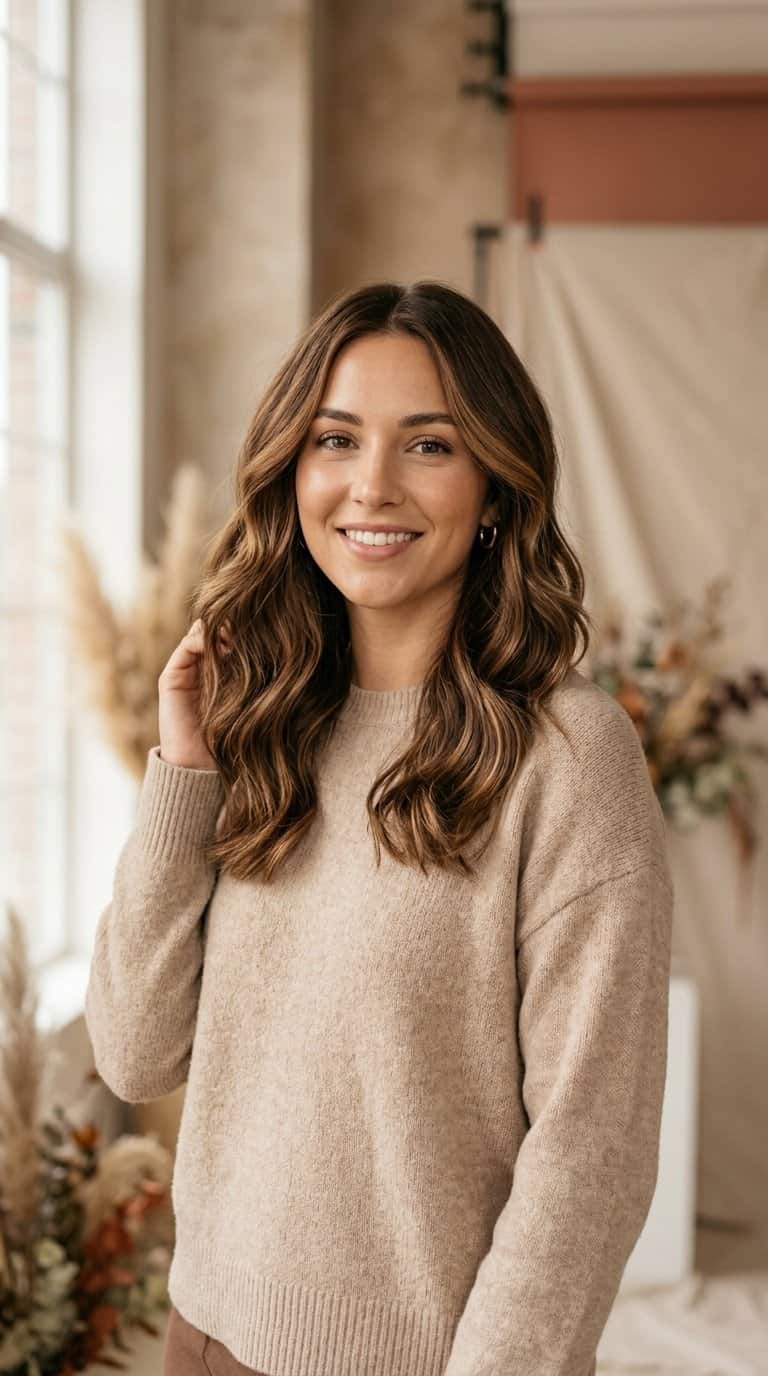 A woman with glossy warm brown wavy hair poses in a softly lit autumn-inspired setting.