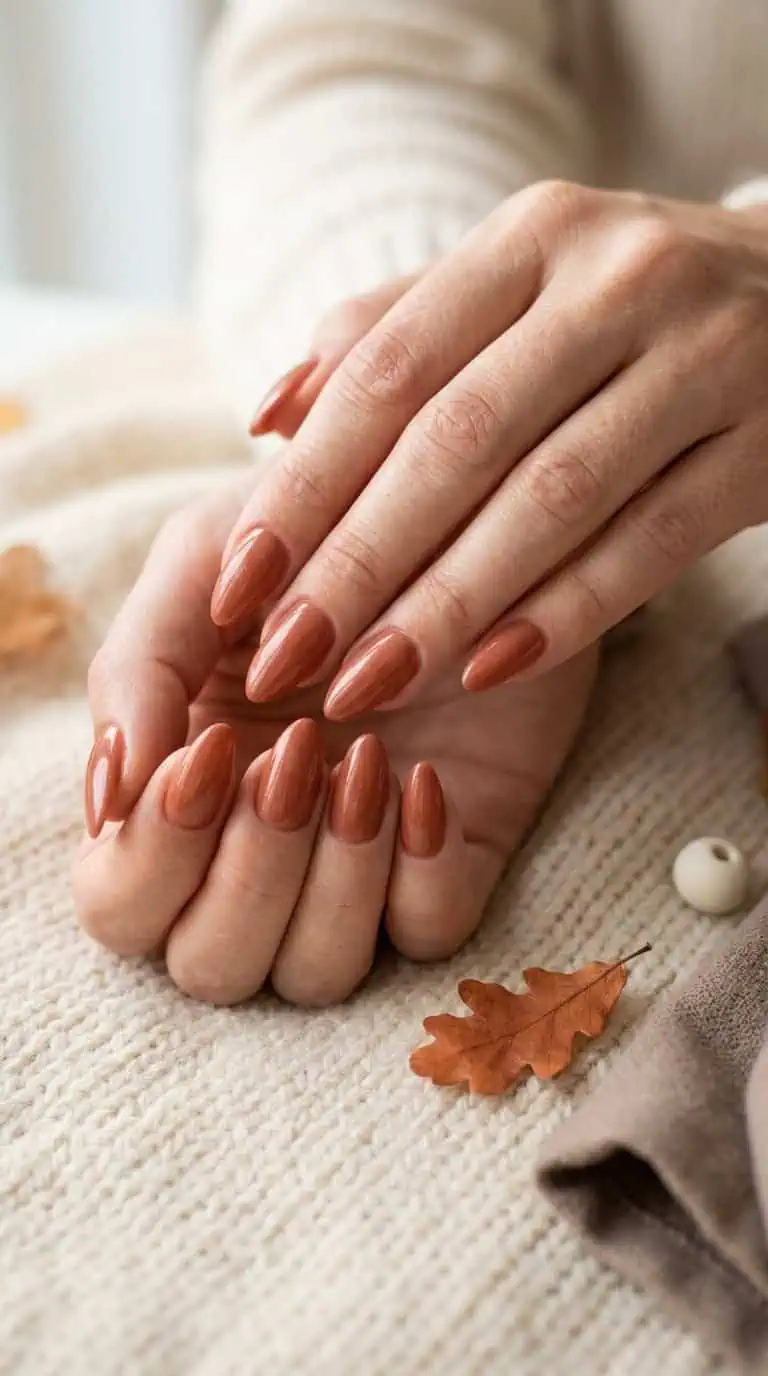 A pair of hands displaying terracotta almond-shaped nails on a neutral surface.