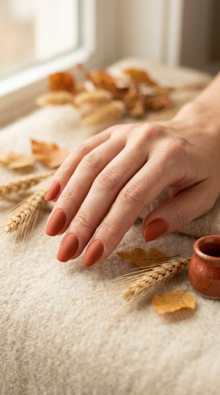A hand with terracotta matte nail polish rests beside dried autumn foliage and a ceramic vessel.