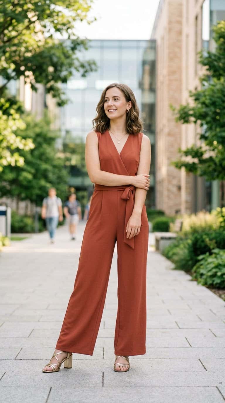A woman wears a terracotta wrap jumpsuit and metallic sandals outdoors near a university building.