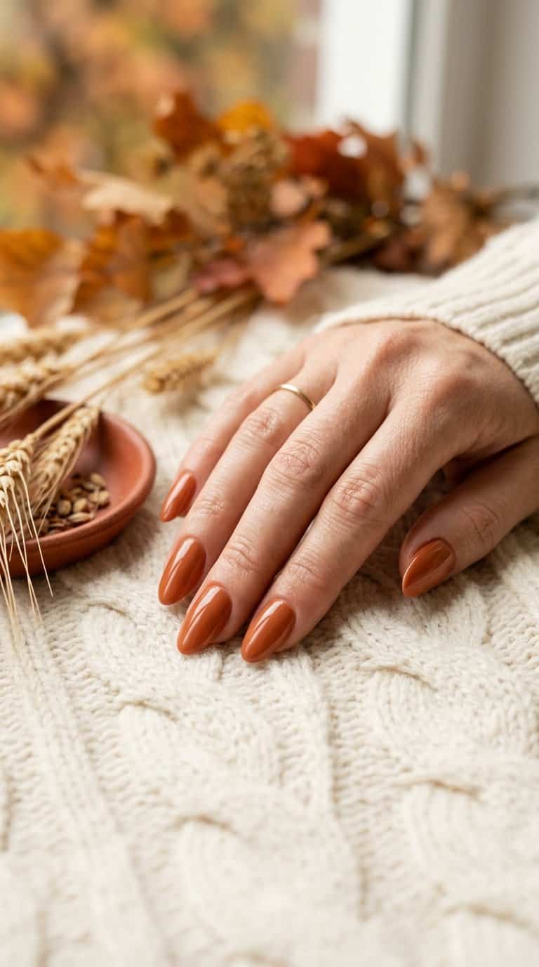 A hand with glossy terracotta-colored nails resting on cream fabric beside autumn decorations.