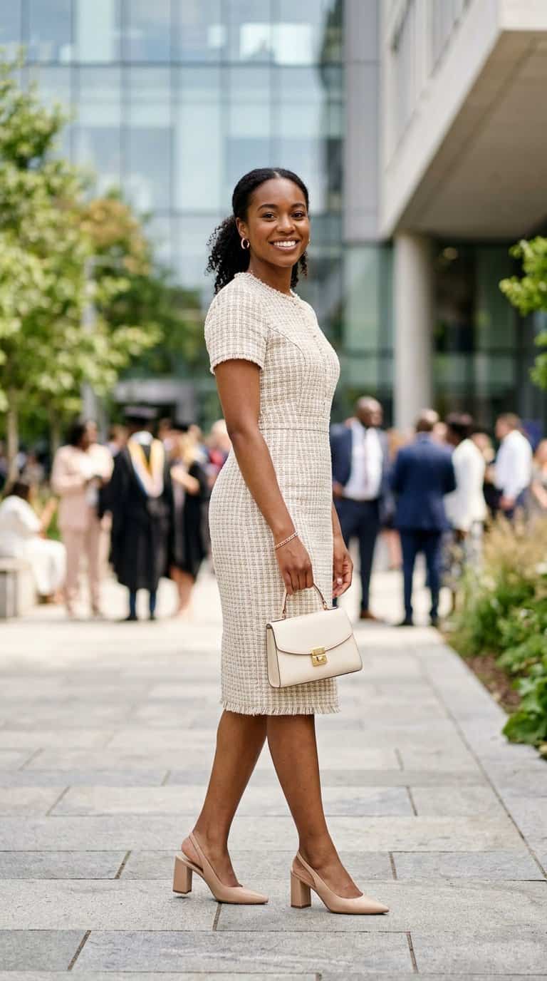 A woman in a textured tweed dress and slingback heels standing on a university campus.