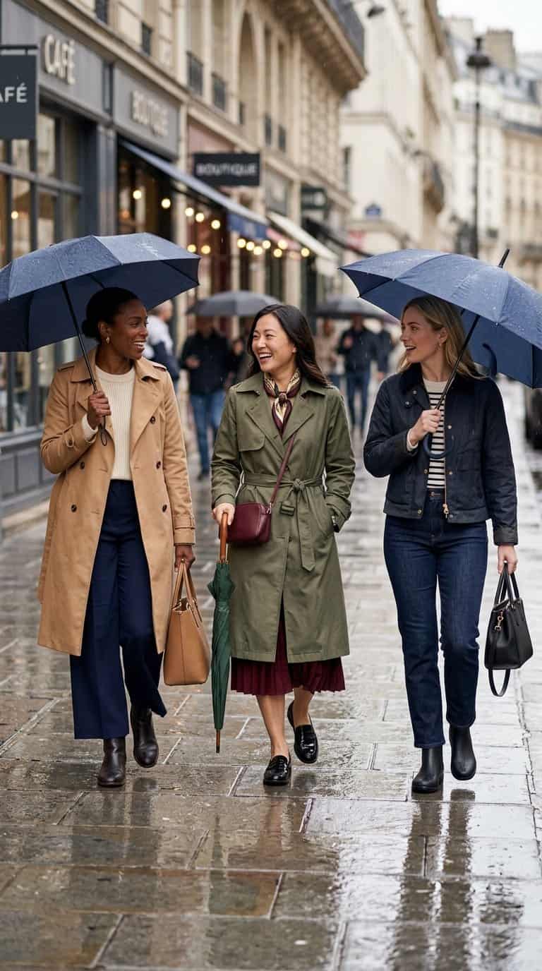 Three women in stylish rain-ready outfits walk together along a wet city sidewalk.
