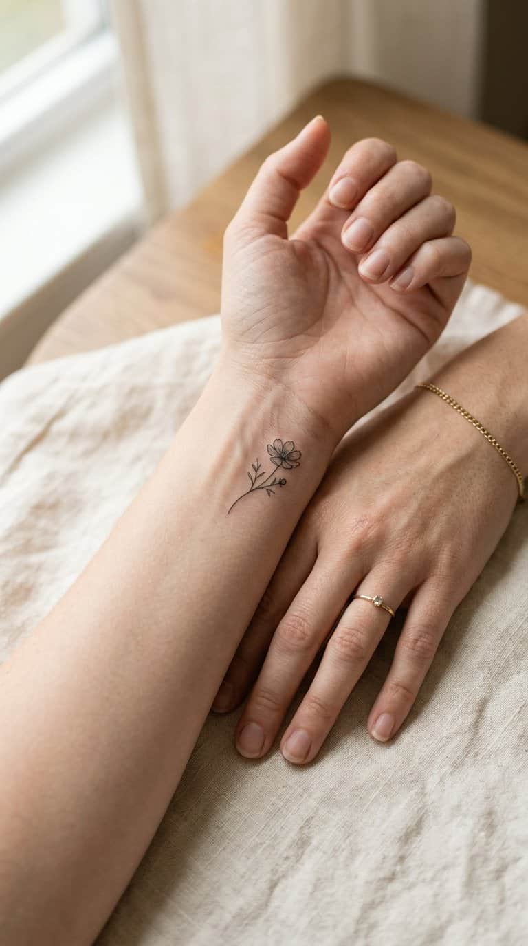 A woman's wrist displaying a small delicate birth flower tattoo.