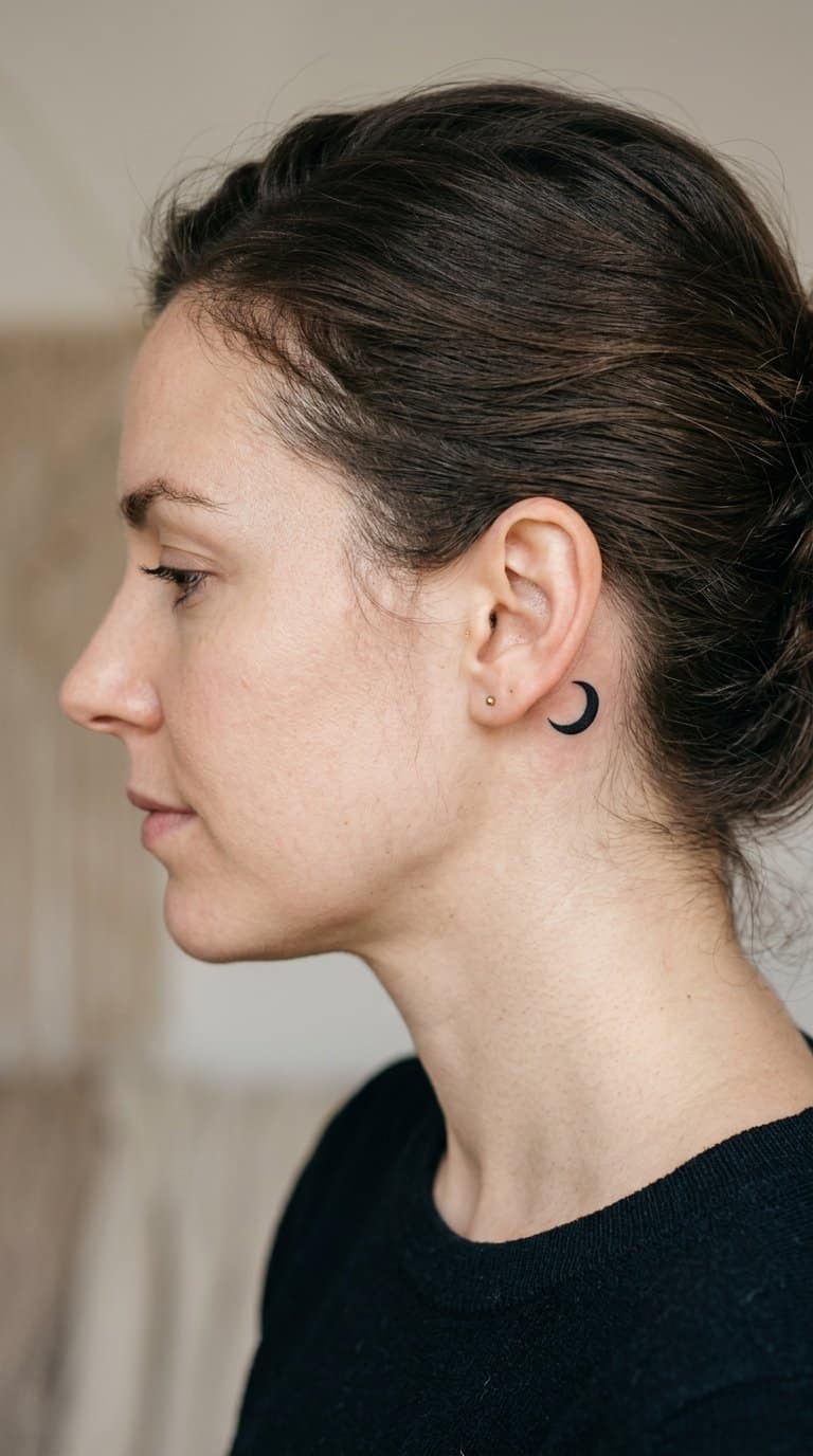 Close-up of a person showing a tiny black crescent moon tattoo behind the ear.
