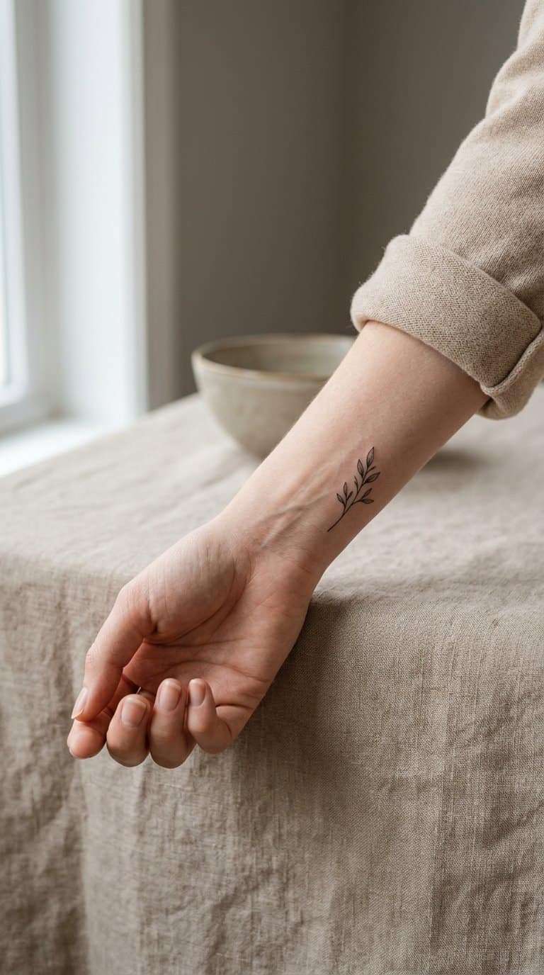 A hand resting on a neutral surface with a small botanical sprig tattoo on the inner wrist.