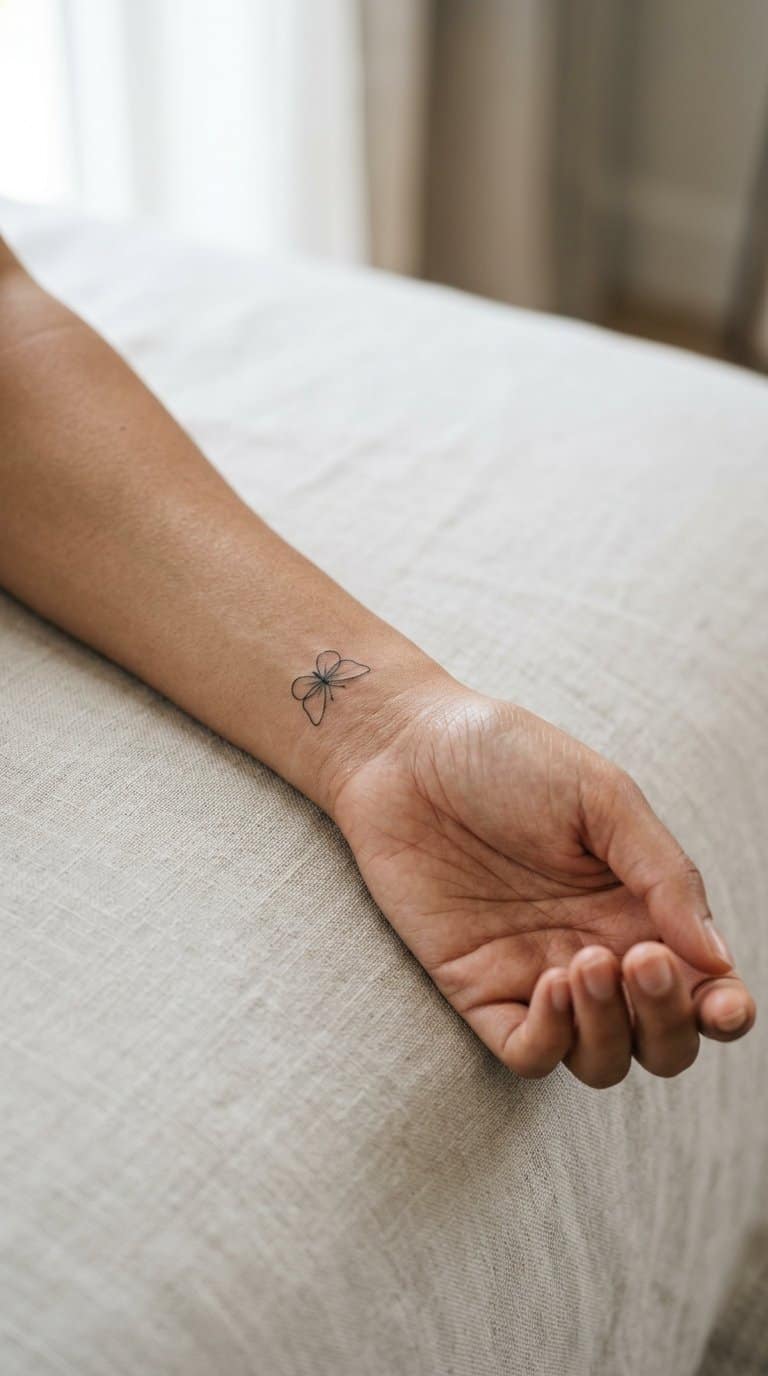 A woman's forearm with a small butterfly tattoo near the wrist.